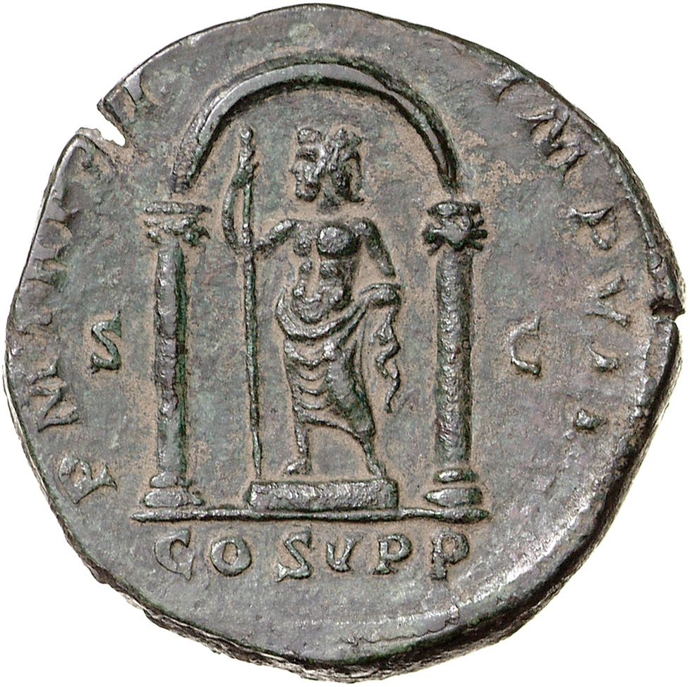 RIC III Commodus 460 Commodus reverse, Janus, half-draped, standing front on low base, holding long sceptre nearly vertica...
