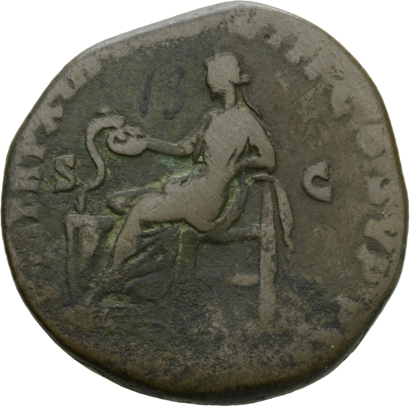 RIC III Commodus 512 Commodus reverse, Salus, draped, seated left on low seat, feeding from patera in right hand snake coi...