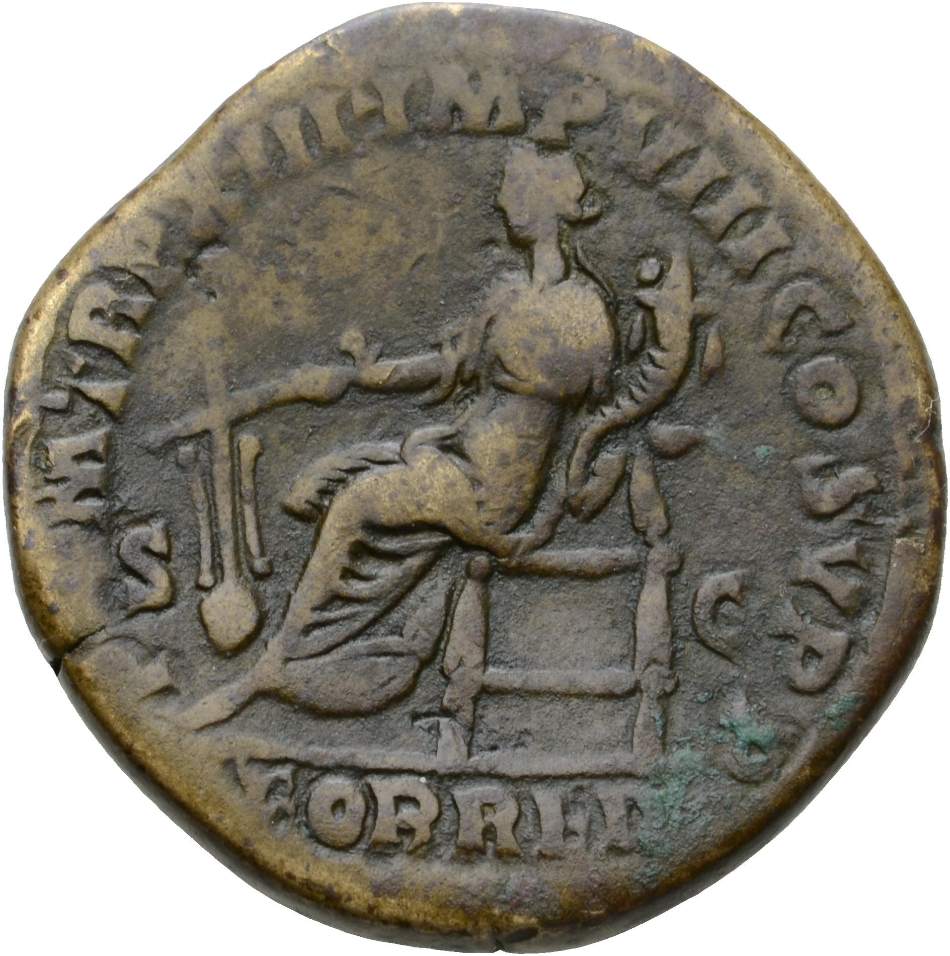 RIC III Commodus 513 Commodus reverse, Fortuna, draped, seated left on low seat, holding rudder set on globe in right hand...