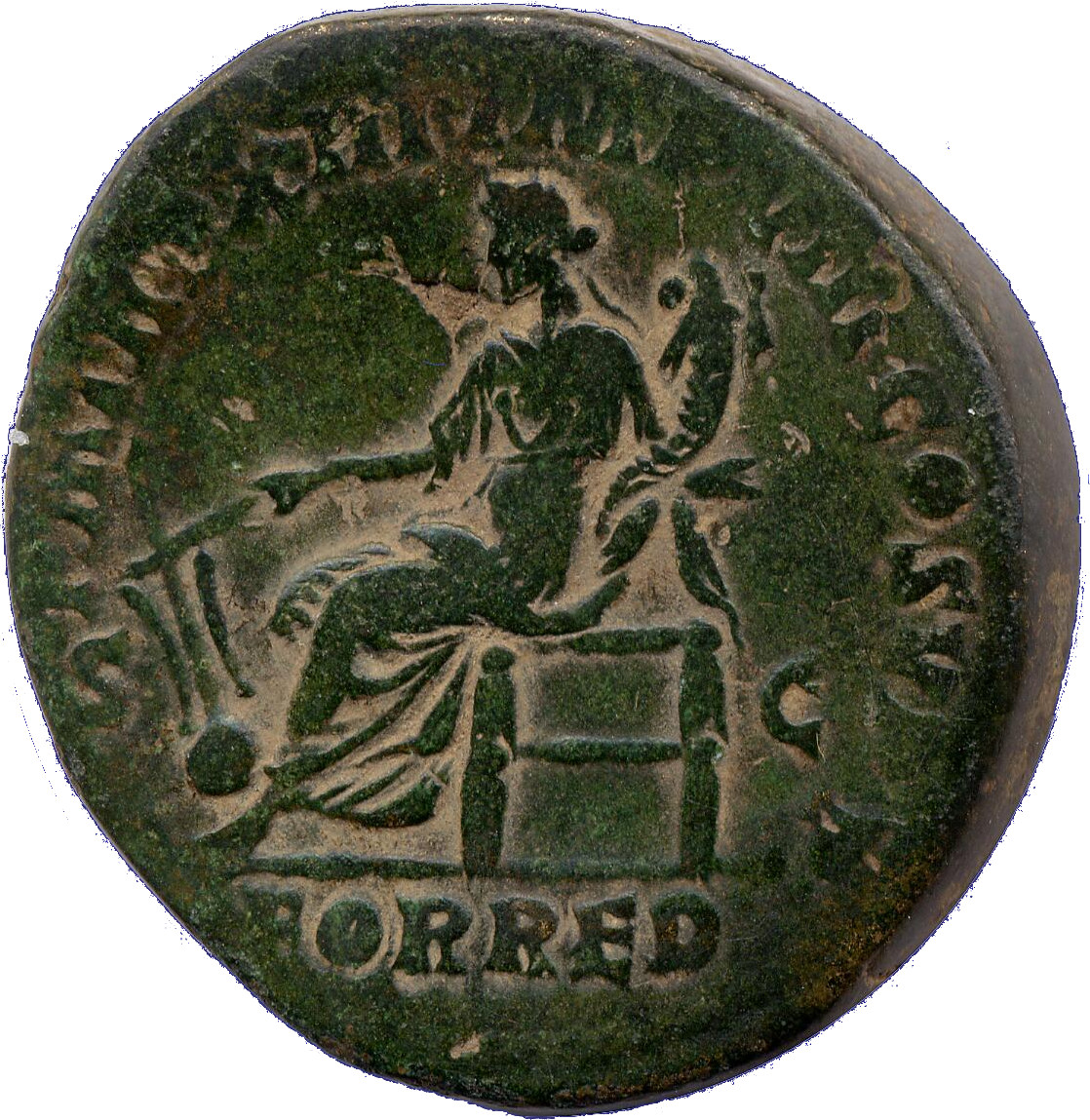 RIC III Commodus 513 Commodus reverse, Fortuna, draped, seated left on low seat, holding rudder set on globe in right hand...