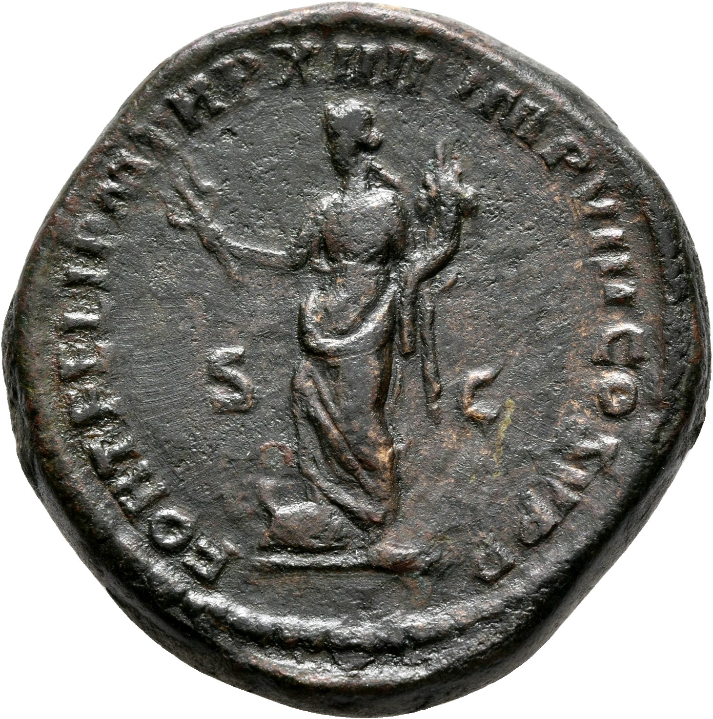 RIC III Commodus 524 Commodus reverse, Fortuna, draped, standing left, foot on prow, holding caduceus in right hand and do...