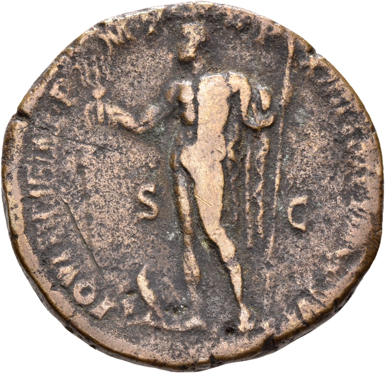 RIC III Commodus 525 Commodus reverse, Jupiter, nude, standing left, holding thunderbolt in right hand and sceptre in left...