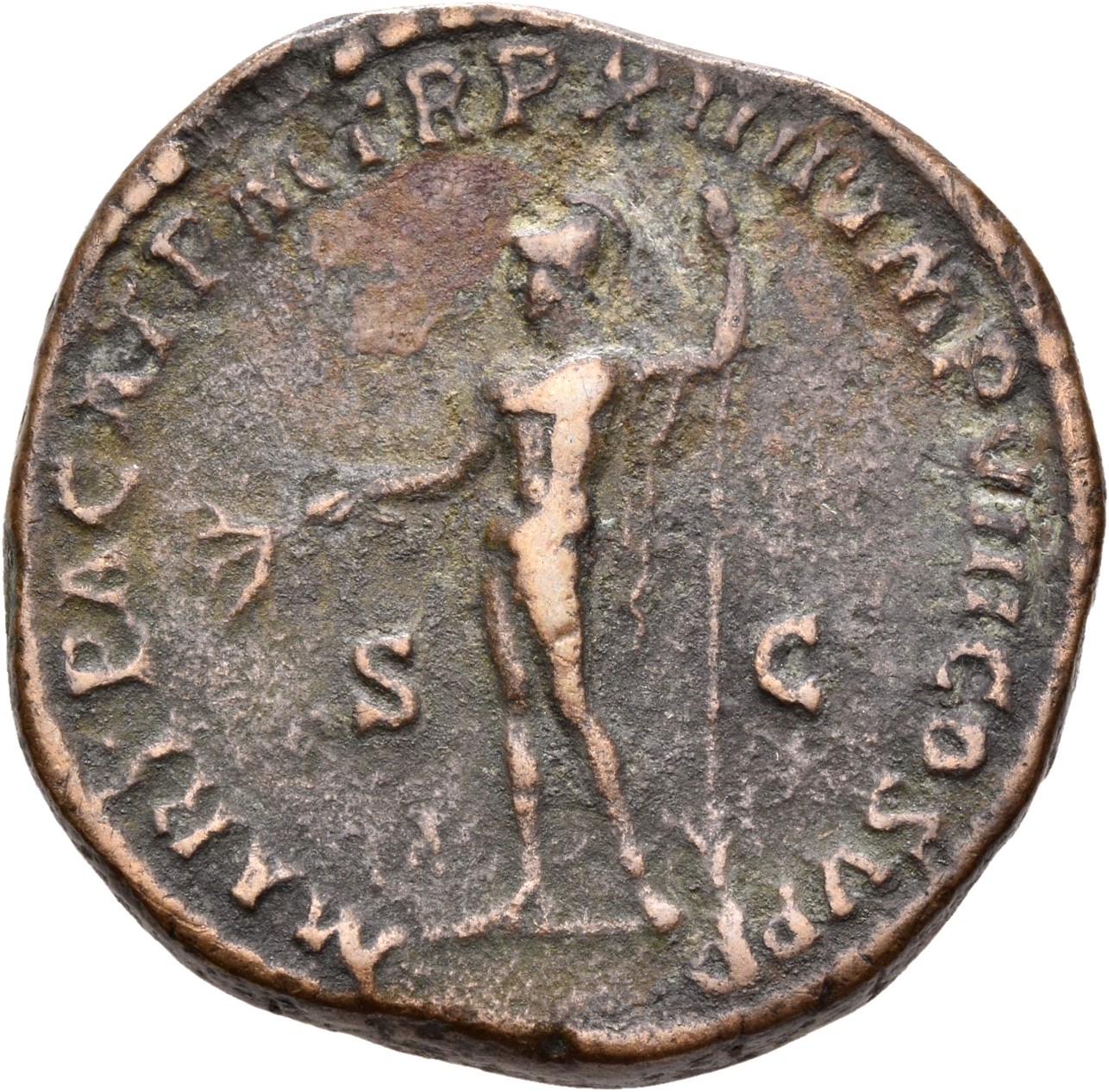 RIC III Commodus 527 Commodus reverse, Mars, helmeted, nude except cloak on left shoulder, standing left, holding branch i...