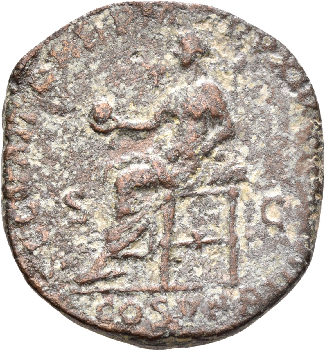 RIC III Commodus 529 Commodus reverse, Securitas, draped, seated left on low seat, holding globe in right hand and resting...