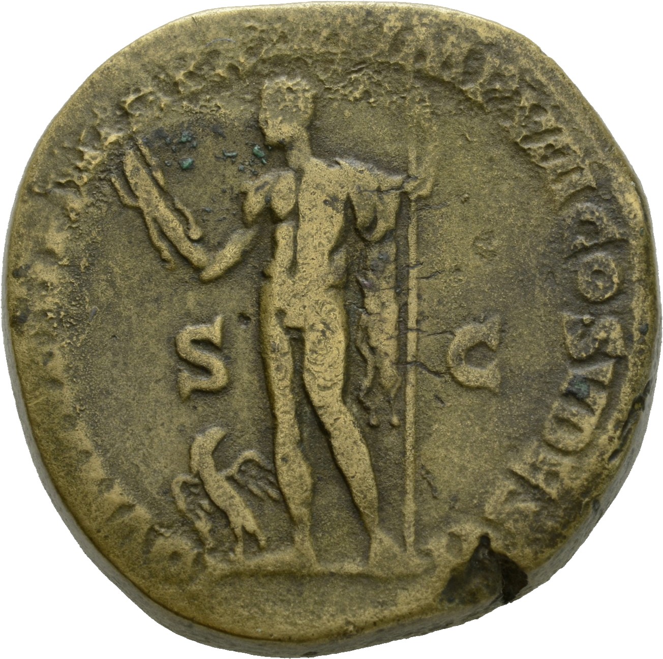 RIC III Commodus 542 Commodus reverse, Jupiter, nude, standing left, holding thunderbolt in right hand and sceptre in left...