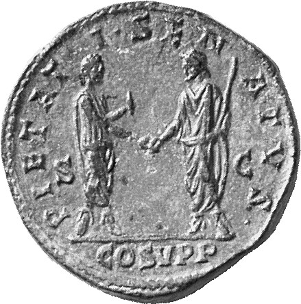 RIC III Commodus 549 Commodus reverse, Commodus, togate, standing right and clasping right hands with senator, standing left