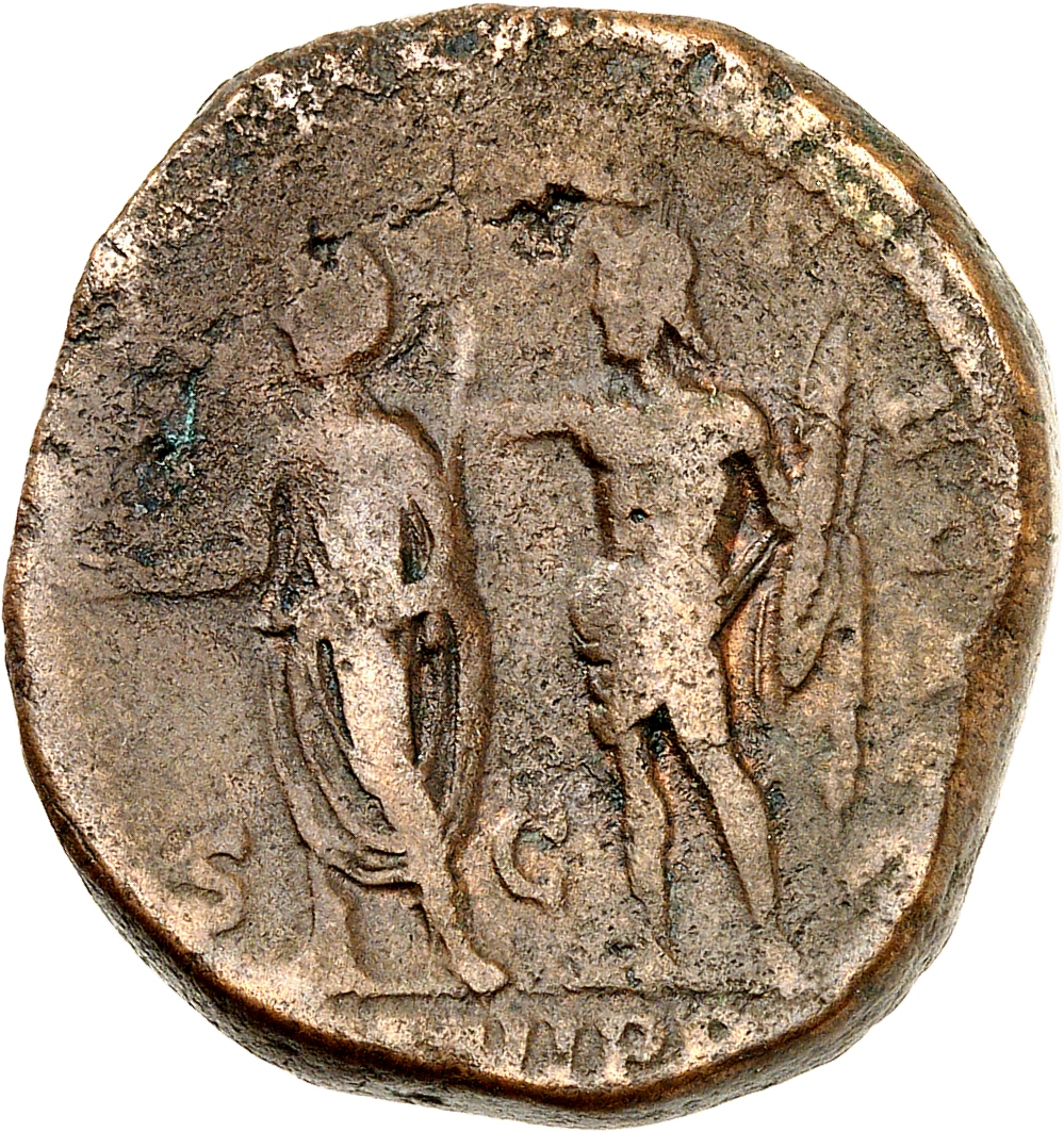 RIC III Commodus 596 Commodus reverse, Jupiter, nude, standing left, holding thunderbolt in left hand and placing right ha...