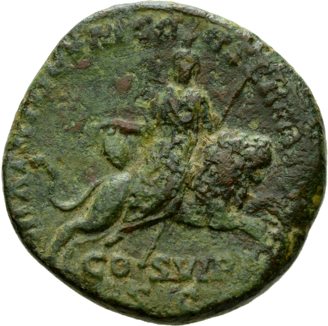 RIC III Commodus 599 Commodus reverse, Cybele, towered, draped, riding on lion right, holding drum in left hand and sceptr...