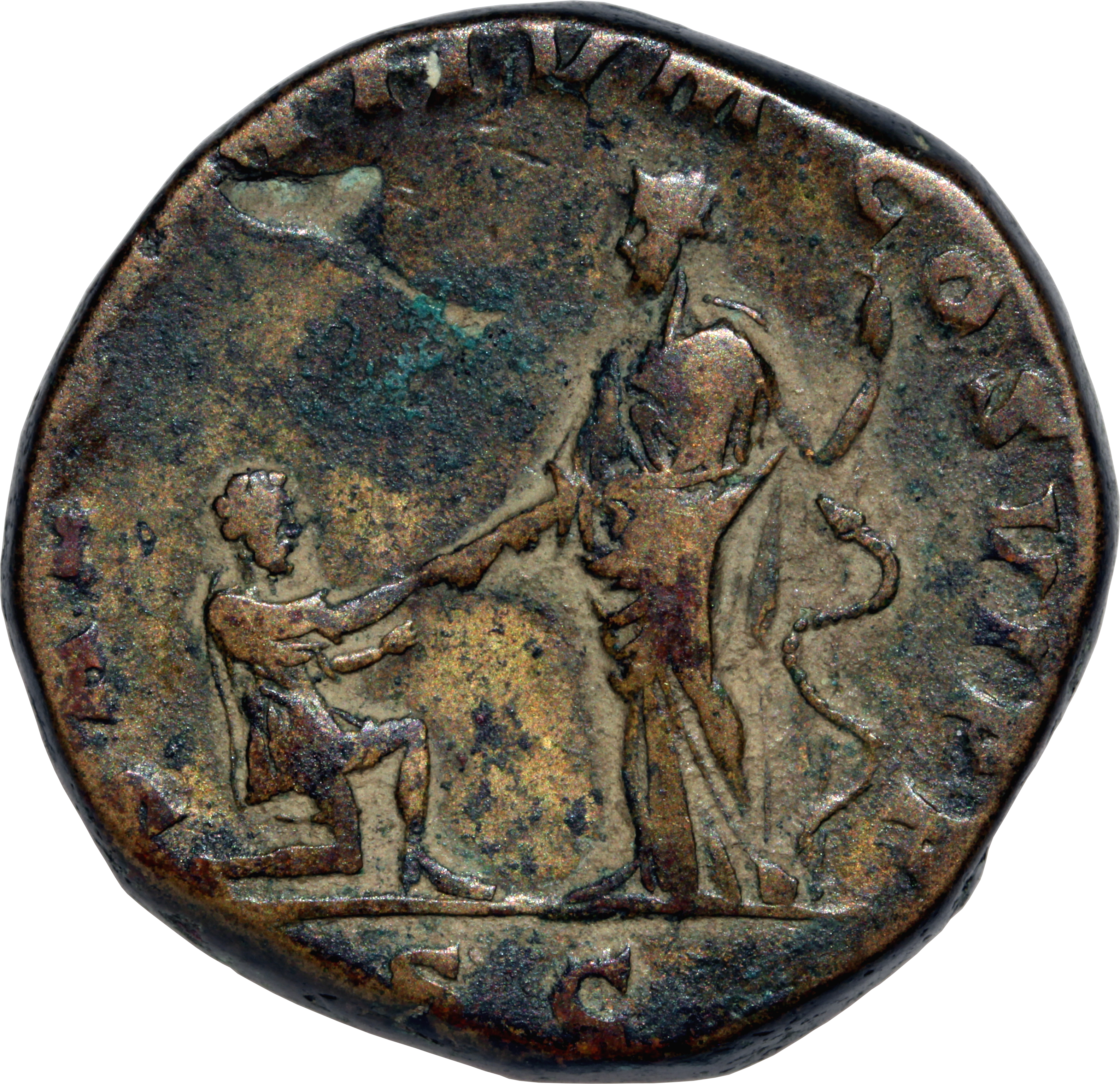 RIC III Commodus 600a Commodus reverse, Salus, draped, standing left, holding in left hand sceptre round which snake coils...