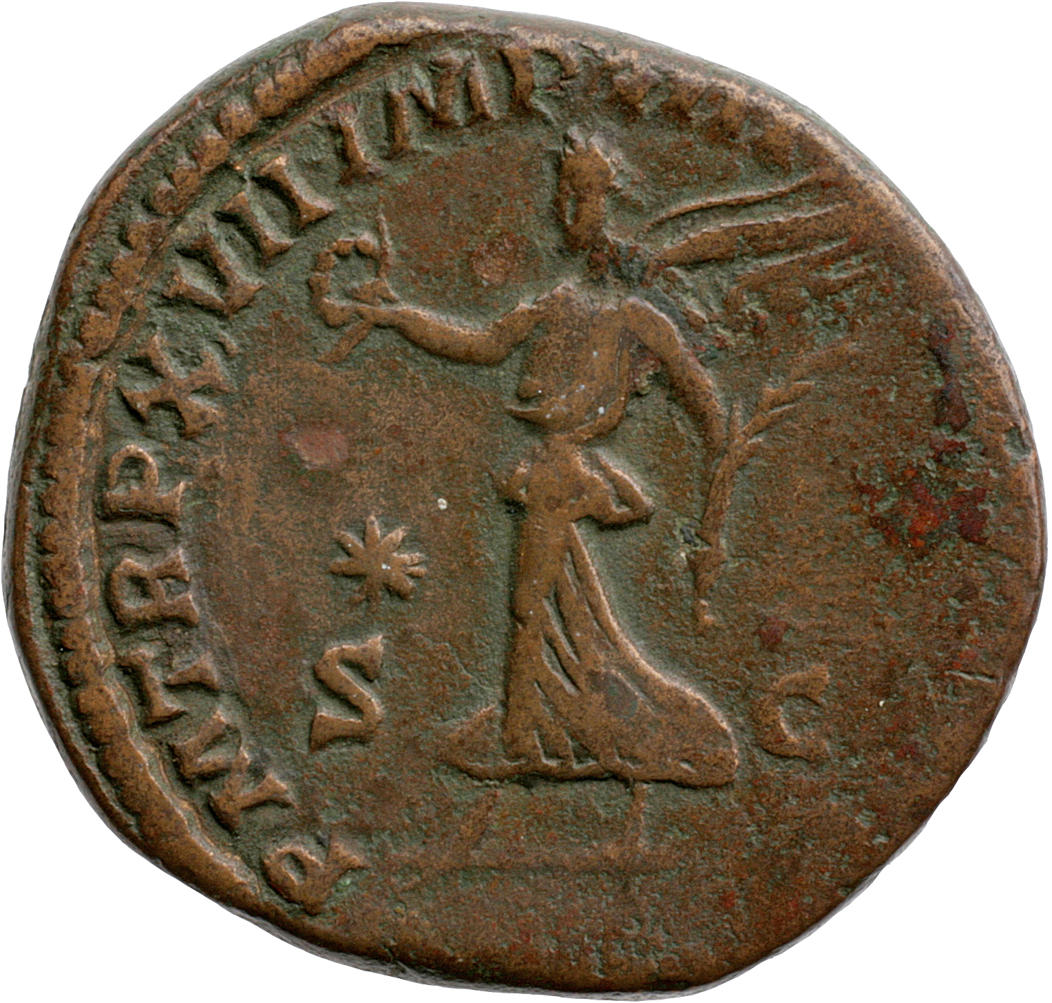 RIC III Commodus 612 Commodus reverse, Victory, winged, draped, advancing left, holding wreath in extended right hand and ...