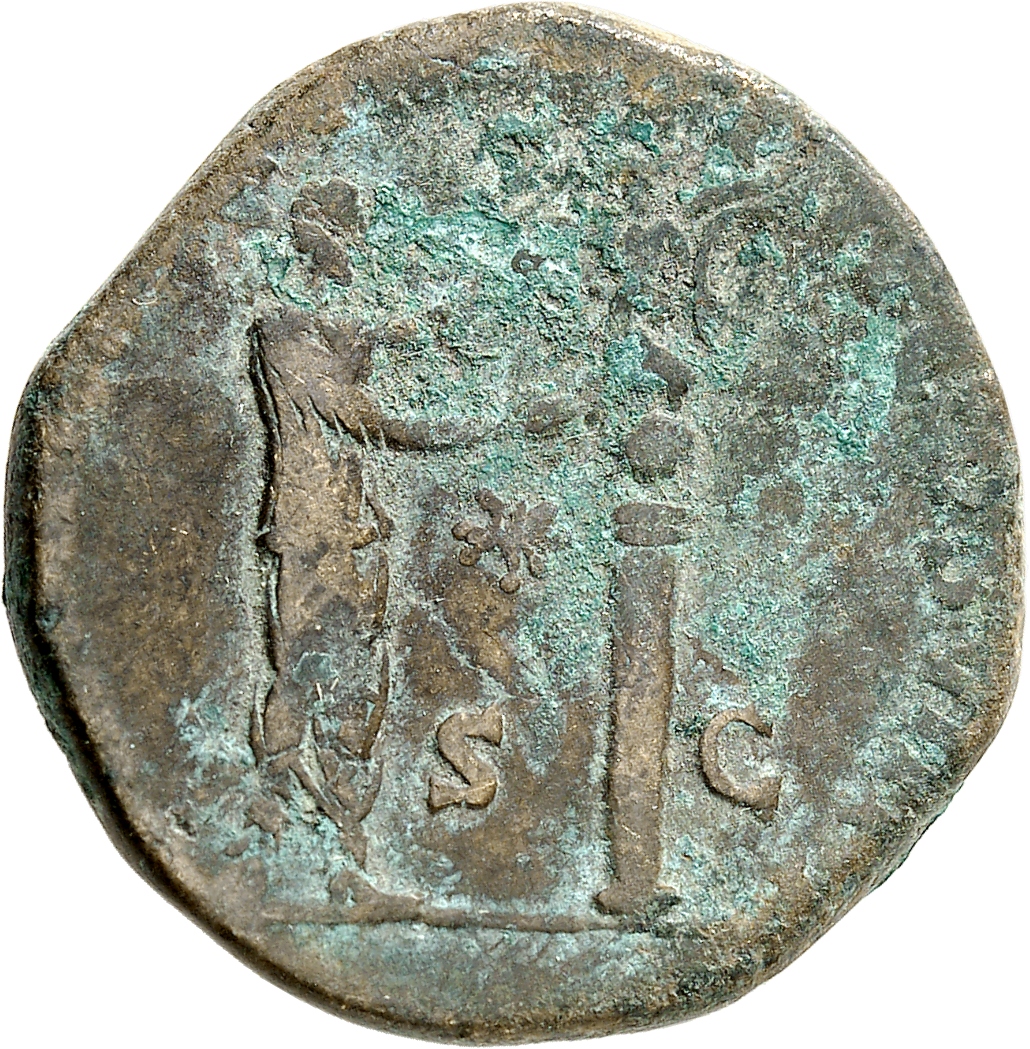 RIC III Commodus 613 Commodus reverse, Commodus, togate, standing right, setting Victory, winged, draped, holding wreath a...