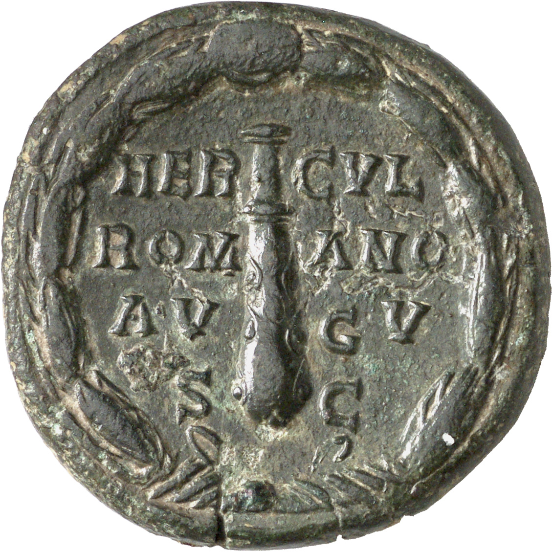 RIC III Commodus 637 Commodus reverse, Upright club surrounded by laurel wreath