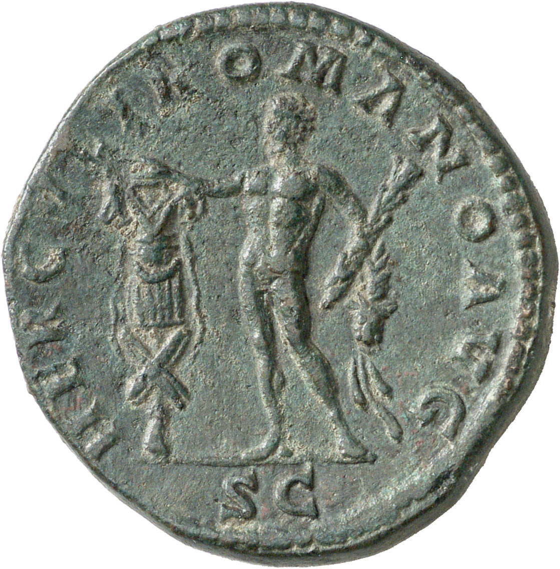 RIC III Commodus 640 Commodus reverse, Hercules, nude, wearing lion skin draped over left arm, standing right, resting rig...