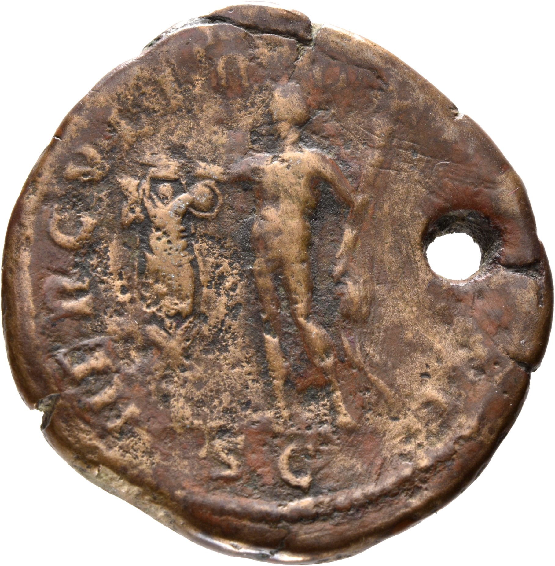 RIC III Commodus 640 Commodus reverse, Hercules, nude, wearing lion skin draped over left arm, standing right, resting rig...