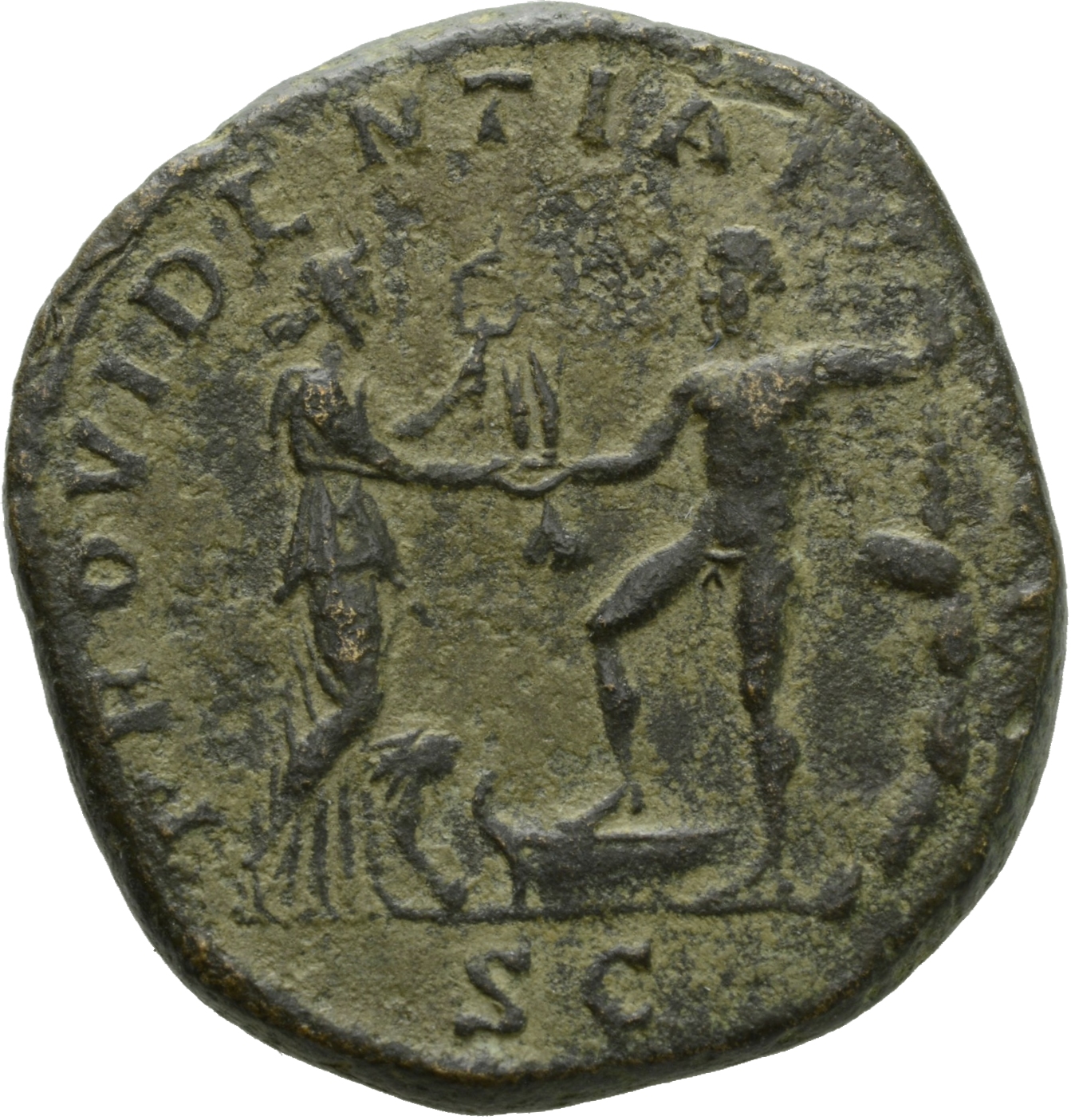 RIC III Commodus 641 Commodus reverse, Hercules, wearing lion-skin, standing right, foot on prow, resting club rock to rig...