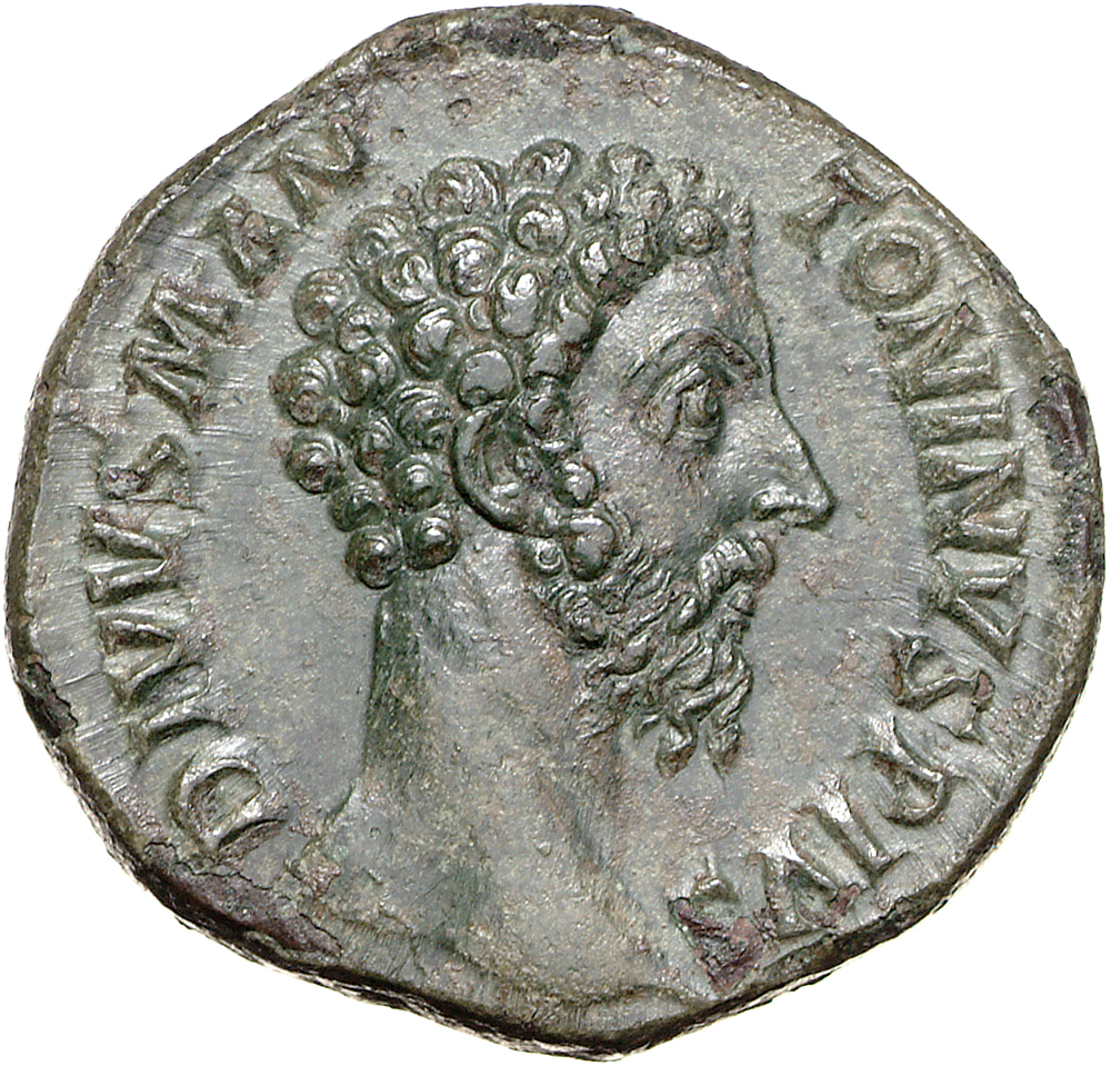 RIC III Commodus 658 Commodus obverse, Head of Marcus Aurelius, bare, right