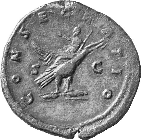 RIC III Commodus 660 Commodus reverse, Eagle, flying right, grasping thunderbolt in talons, and bearing on its back Marcus...