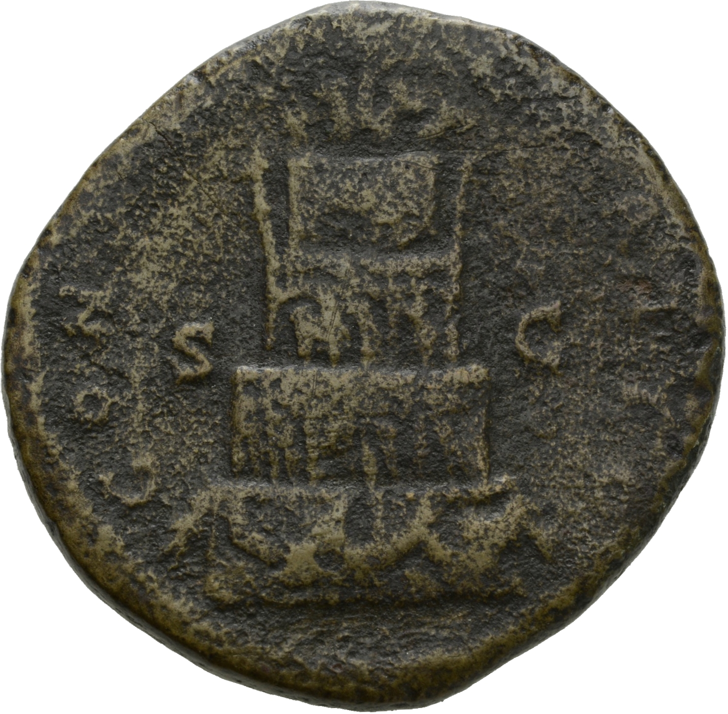 RIC III Commodus 662 Commodus reverse, Funeral pyre in four tiers, ornamented with statues and garlands, and surmounted by...