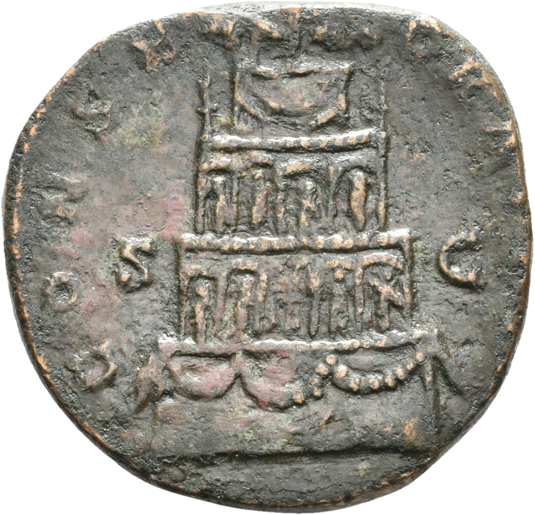 RIC III Commodus 662 Commodus reverse, Funeral pyre in four tiers, ornamented with statues and garlands, and surmounted by...