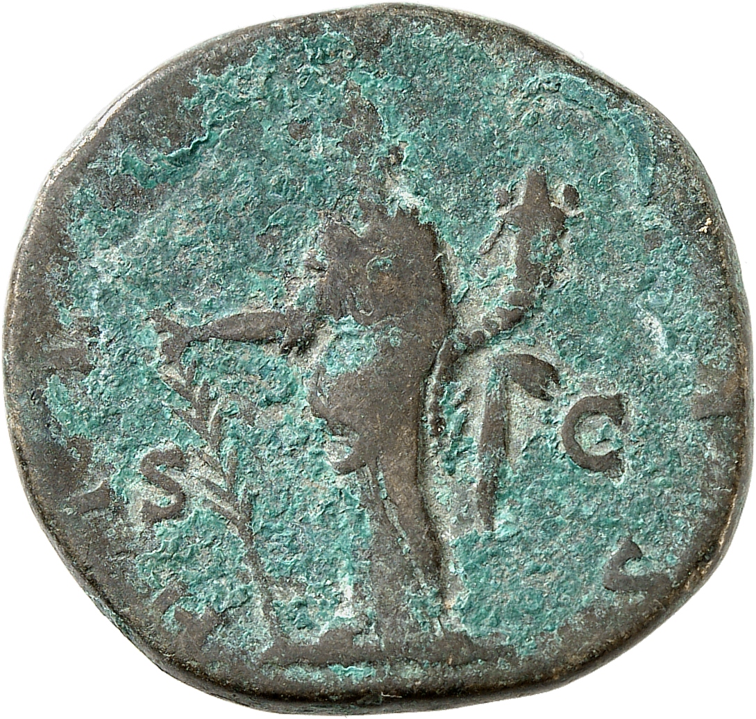 RIC III Commodus 668 Commodus reverse, Hilaritas, draped, standing left, holding long palm, nearly vertical, in right hand...