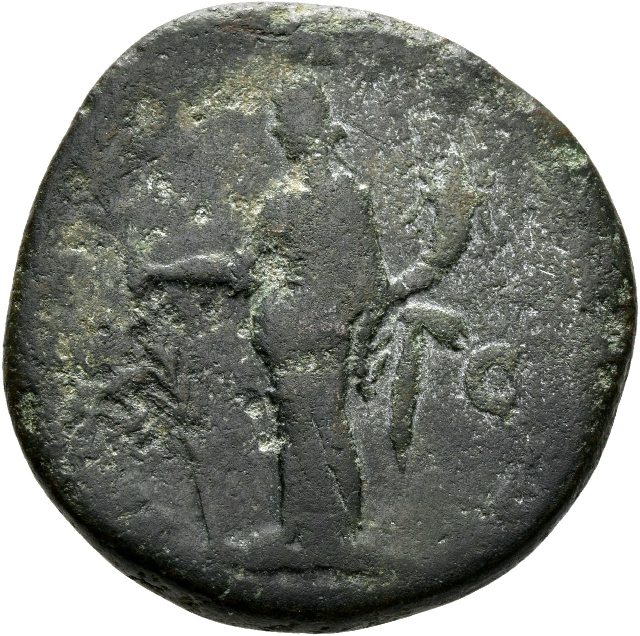 RIC III Commodus 668 Commodus reverse, Hilaritas, draped, standing left, holding long palm, nearly vertical, in right hand...