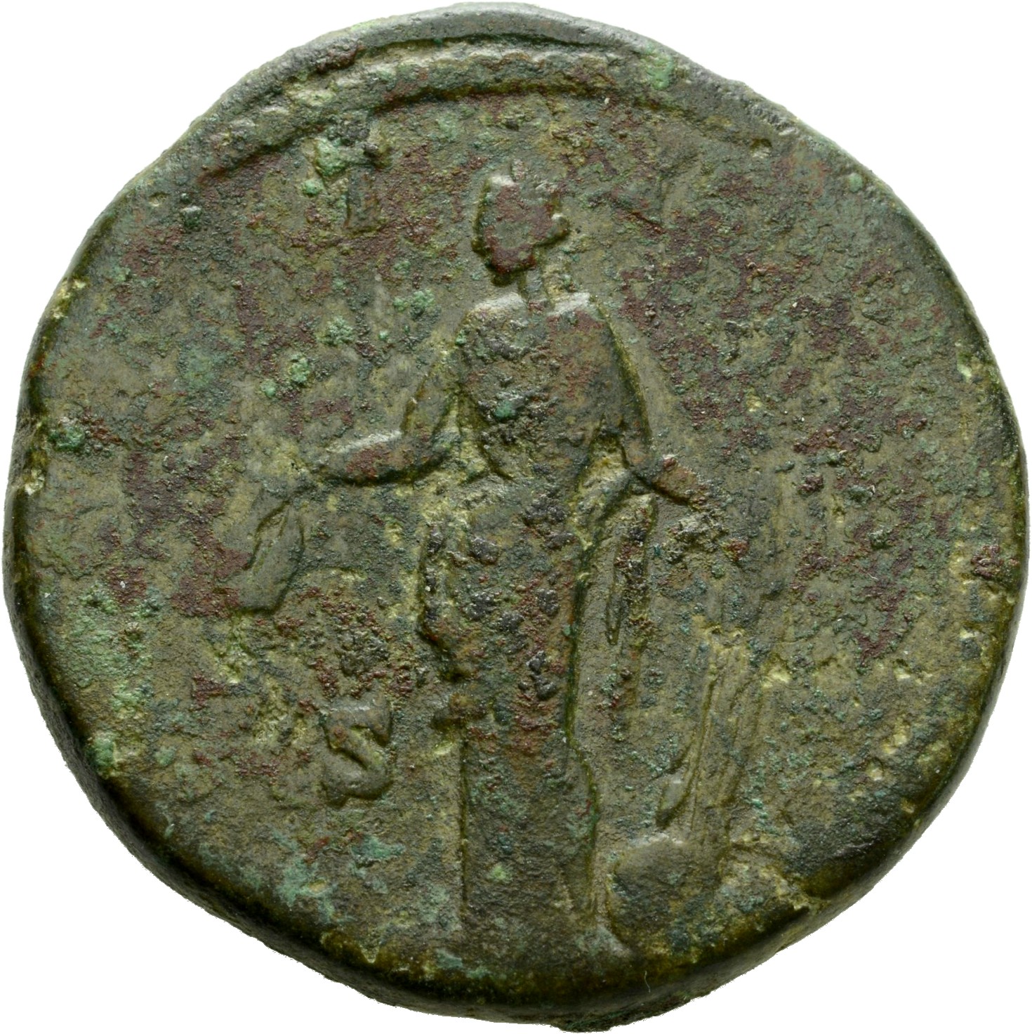 RIC III Commodus 669 Commodus reverse, Laetitia, draped, standing left, holding wreath in right hand and rudder, set on gl...