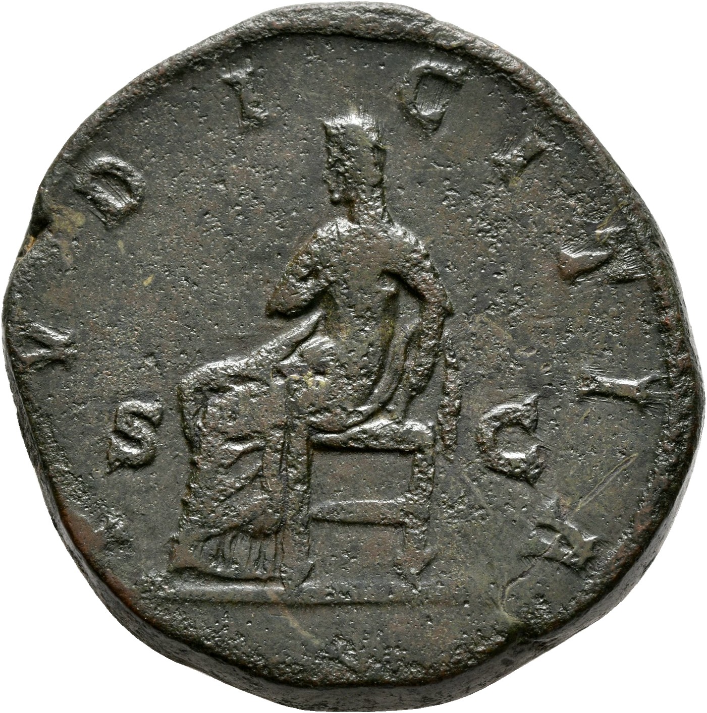 RIC III Commodus 670 Commodus reverse, Pudicitia, draped, seated left, resting left hand on breast