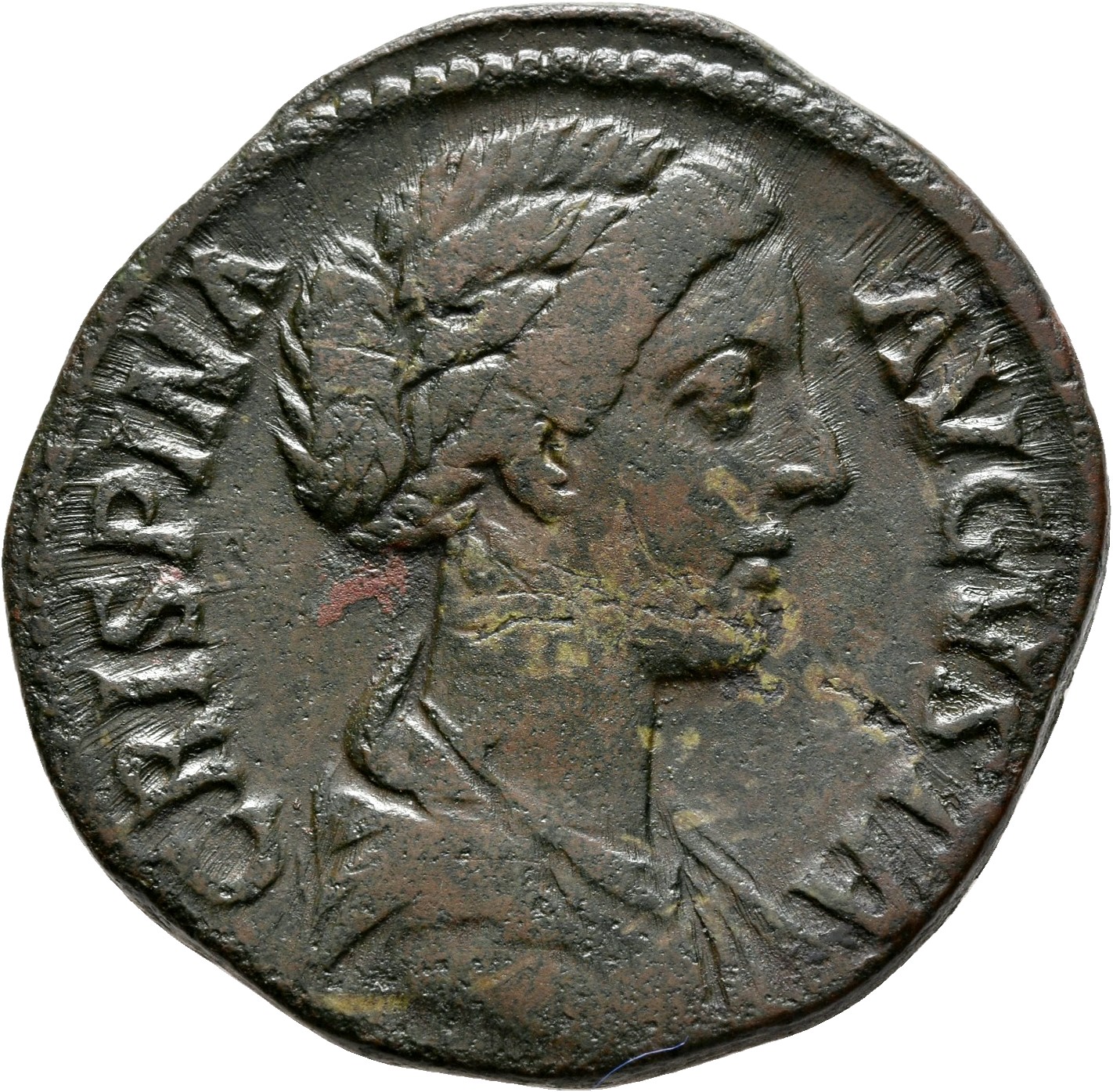 RIC III Commodus 670 Commodus obverse, Bust of Crispina, draped, hair waved and rolled at crown and knotted on back of hea...
