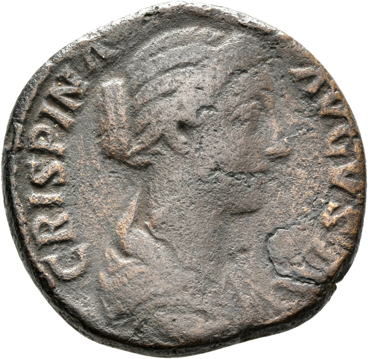 RIC III Commodus 670 Commodus obverse, Bust of Crispina, draped, hair waved and rolled at crown and knotted on back of hea...