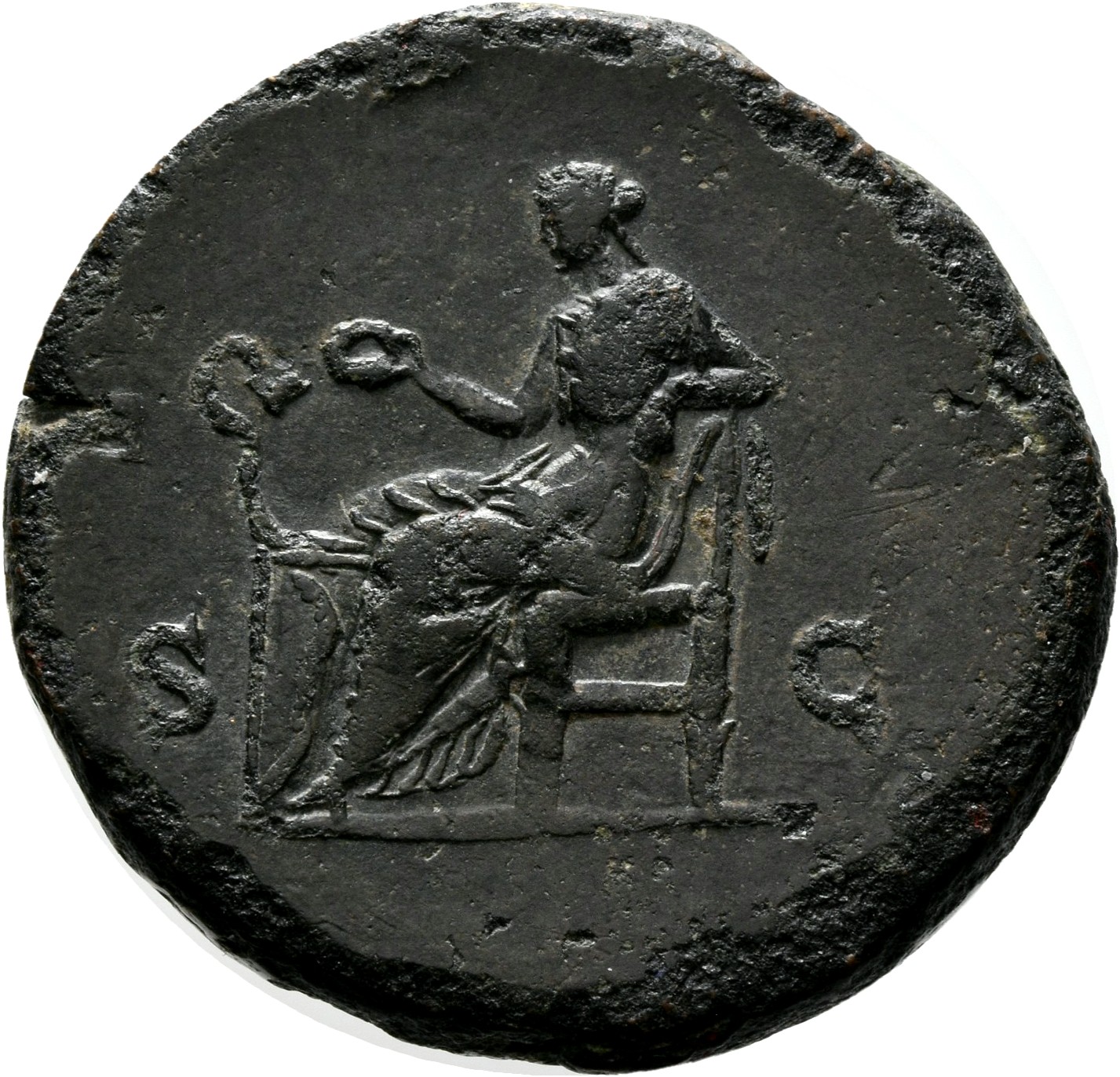 RIC III Commodus 672A Commodus reverse, Salus, draped, seated left on low seat, feeding from patera in right hand snake co...