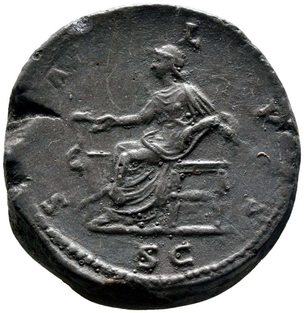 RIC III Commodus 672B Commodus reverse, Salus, draped, seated left on low seat, feeding from patera in right hand snake co...