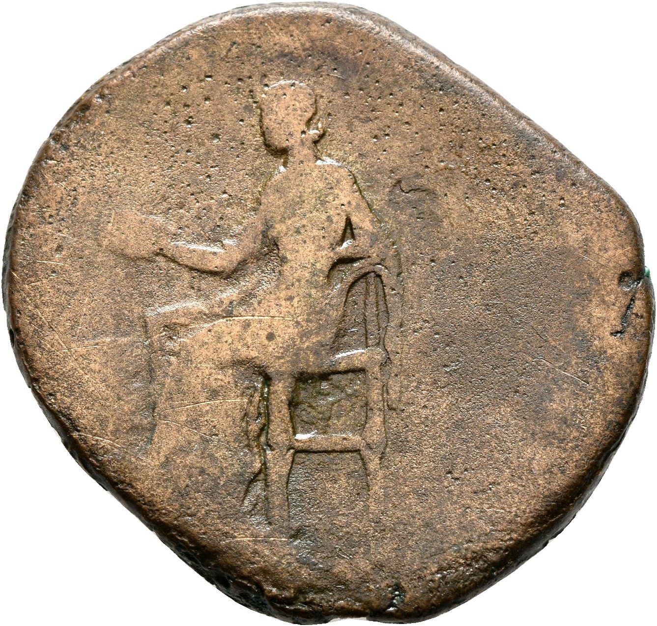 RIC III Commodus 672B Commodus reverse, Salus, draped, seated left on low seat, feeding from patera in right hand snake co...