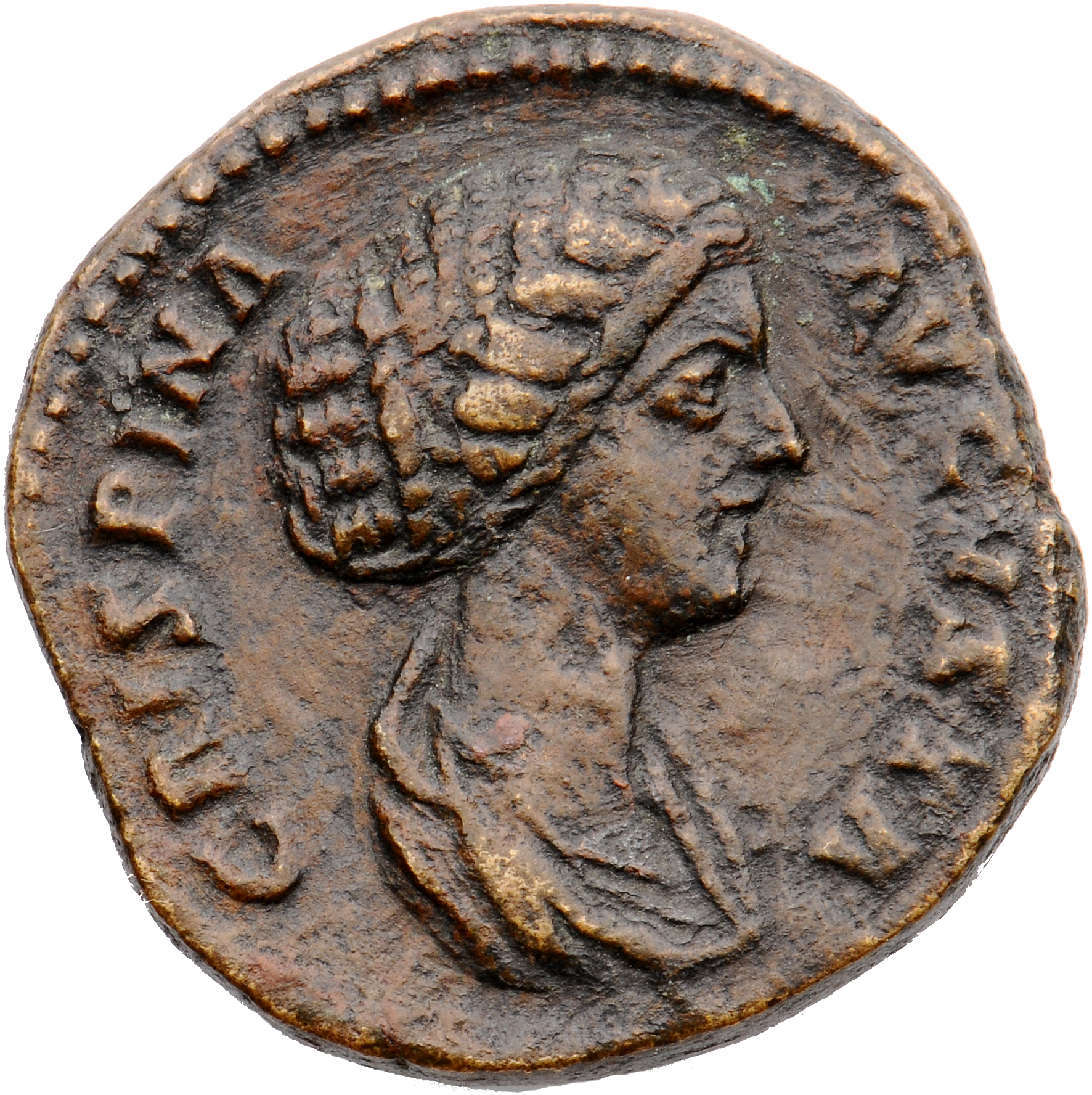 RIC III Commodus 674 (dupondius) Commodus obverse, Bust of Crispina, draped, hair waved and rolled at crown and knotted on...