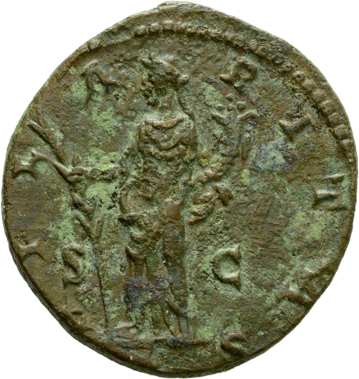 RIC III Commodus 678 (as) Commodus reverse, Hilaritas, draped, standing left, holding long palm, nearly vertical, in right...