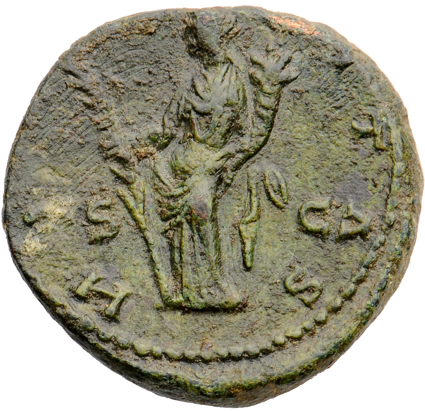 RIC III Commodus 678 (dupondius) Commodus reverse, Hilaritas, draped, standing left, holding long palm, nearly vertical, i...