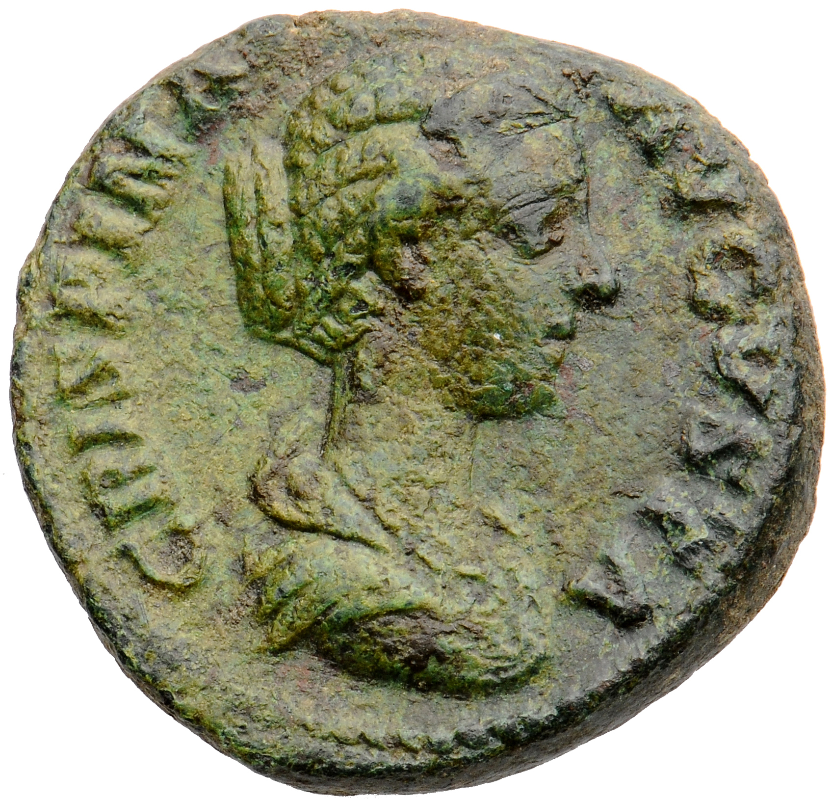 RIC III Commodus 678 (dupondius) Commodus obverse, Bust of Crispina, draped, hair waved and rolled at crown and knotted on...
