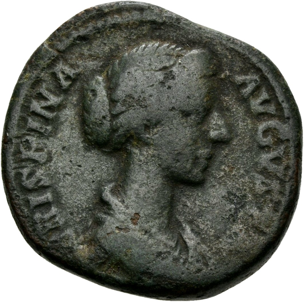 RIC III Commodus 680 (dupondius) Commodus obverse, Bust of Crispina, draped, hair waved and rolled at crown and knotted on...
