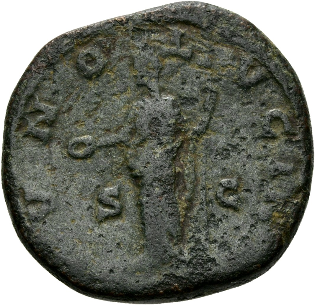 RIC III Commodus 680 (dupondius) Commodus reverse, Juno, veiled, draped, standing left, holding patera in extended right h...