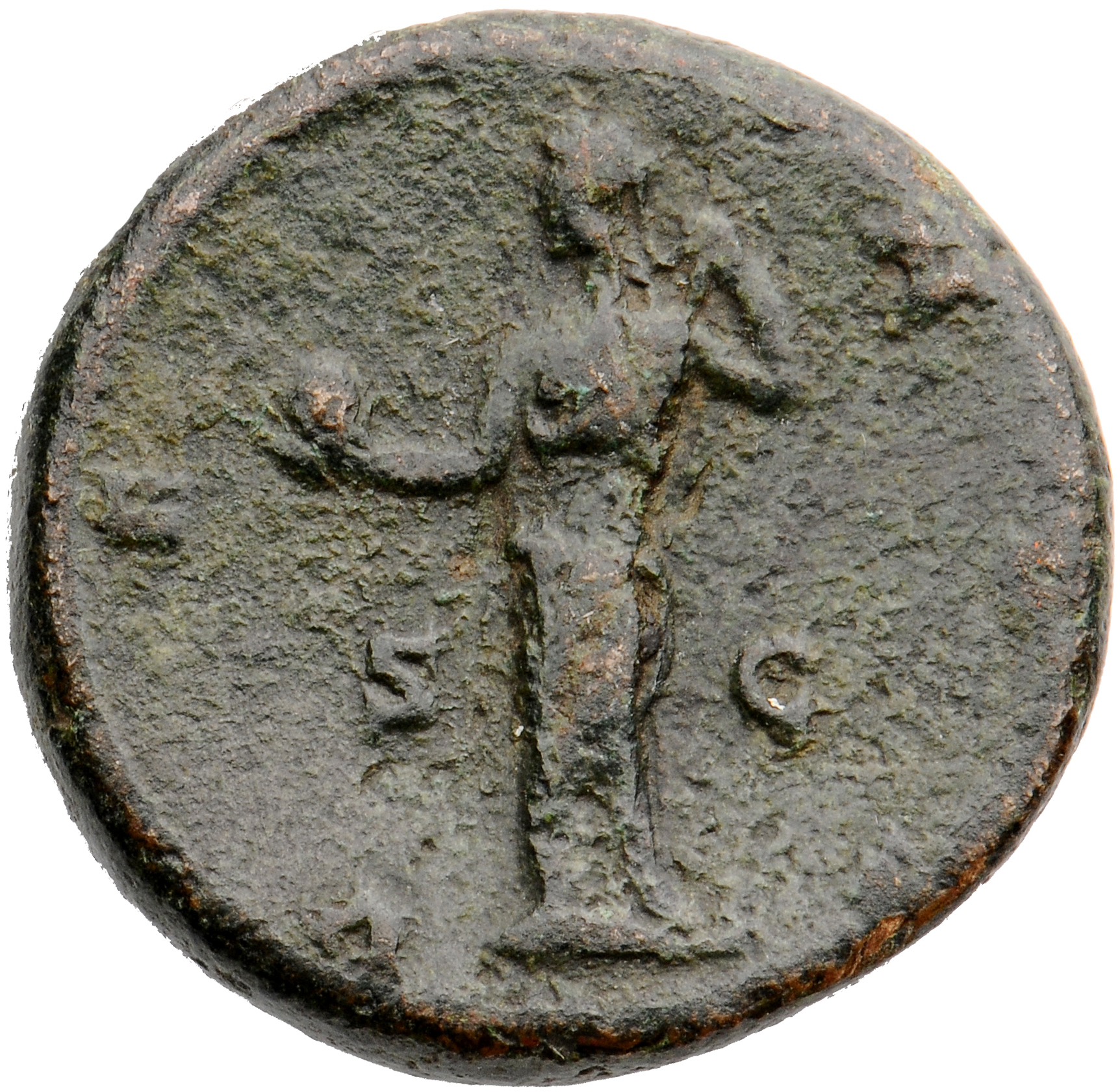 RIC III Commodus 684 (dupondius) Commodus reverse, Venus, draped, standing left, holding apple in right hand and drawing r...