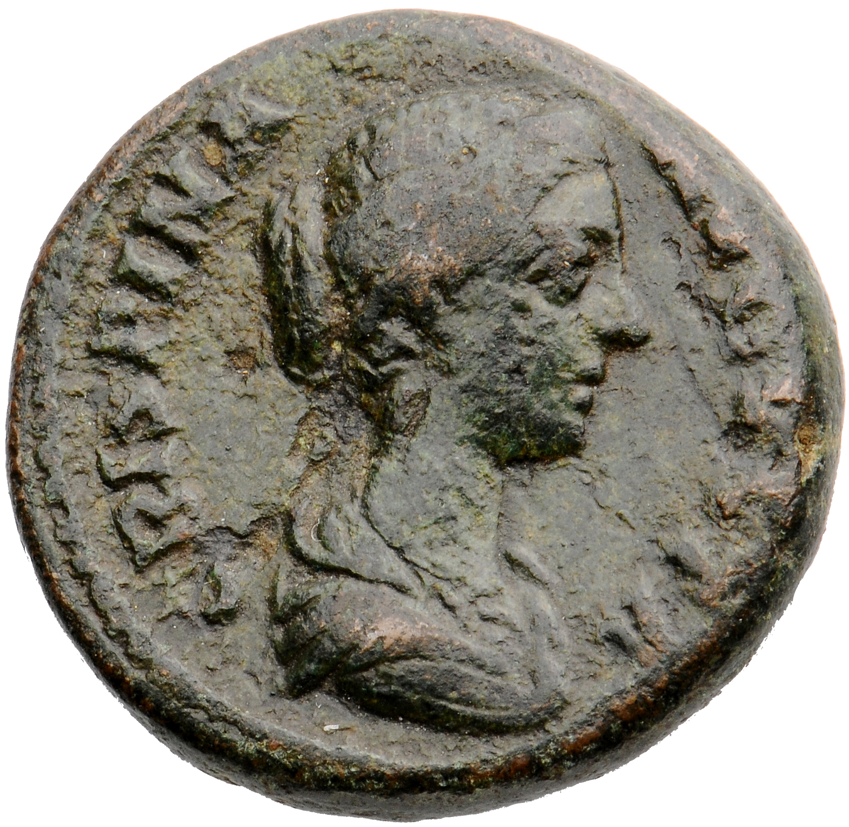 RIC III Commodus 684 (dupondius) Commodus obverse, Bust of Crispina, draped, hair waved and rolled at crown and knotted on...