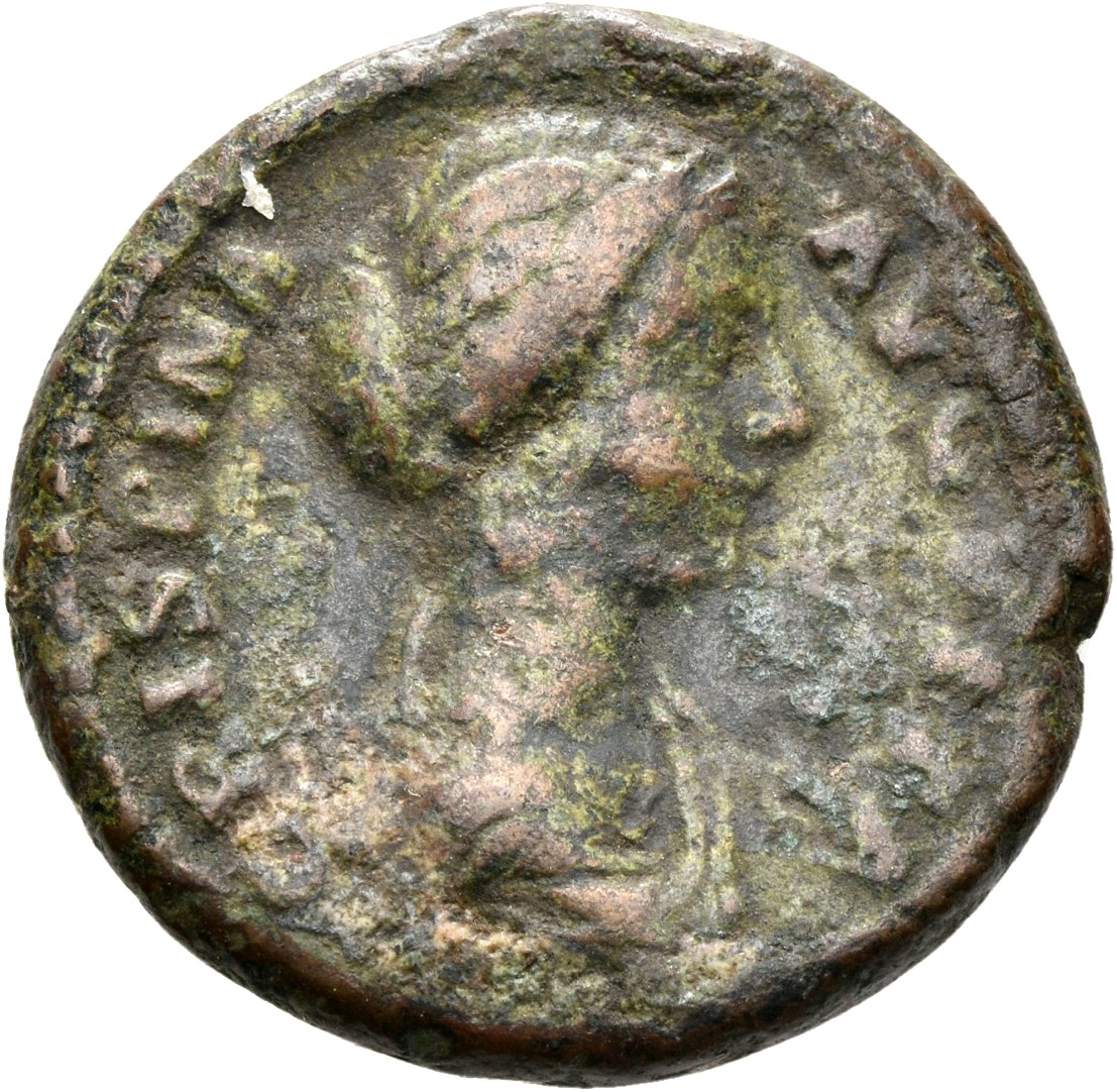 RIC III Commodus 684 (dupondius) Commodus obverse, Bust of Crispina, draped, hair waved and rolled at crown and knotted on...