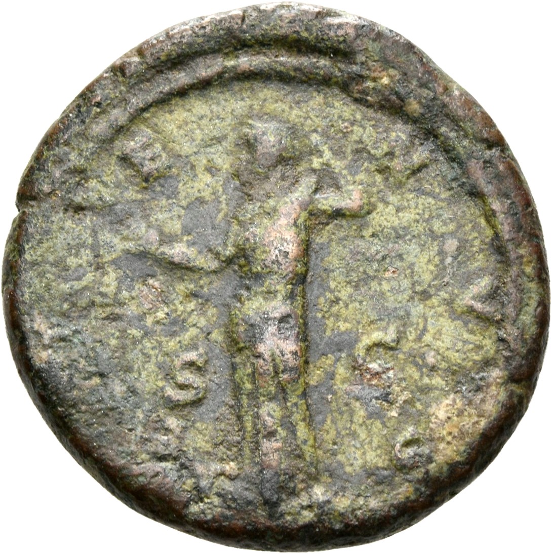 RIC III Commodus 684 (dupondius) Commodus reverse, Venus, draped, standing left, holding apple in right hand and drawing r...