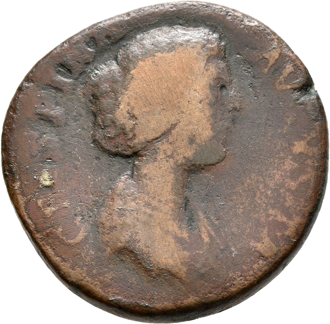 RIC III Commodus 686 (as) Commodus obverse, Bust of Crispina, draped, hair waved and rolled at crown and knotted on back o...