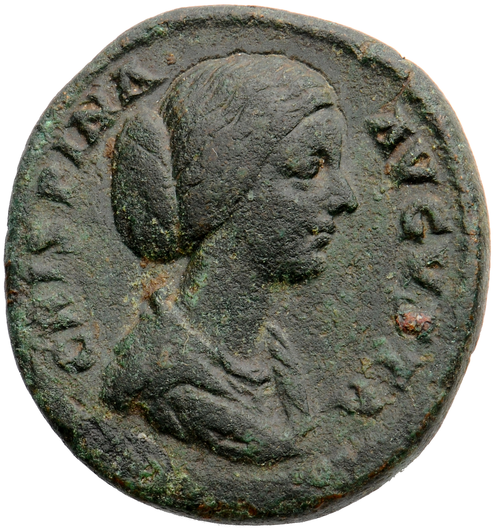 RIC III Commodus 686 (dupondius) Commodus obverse, Bust of Crispina, draped, hair waved and rolled at crown and knotted on...