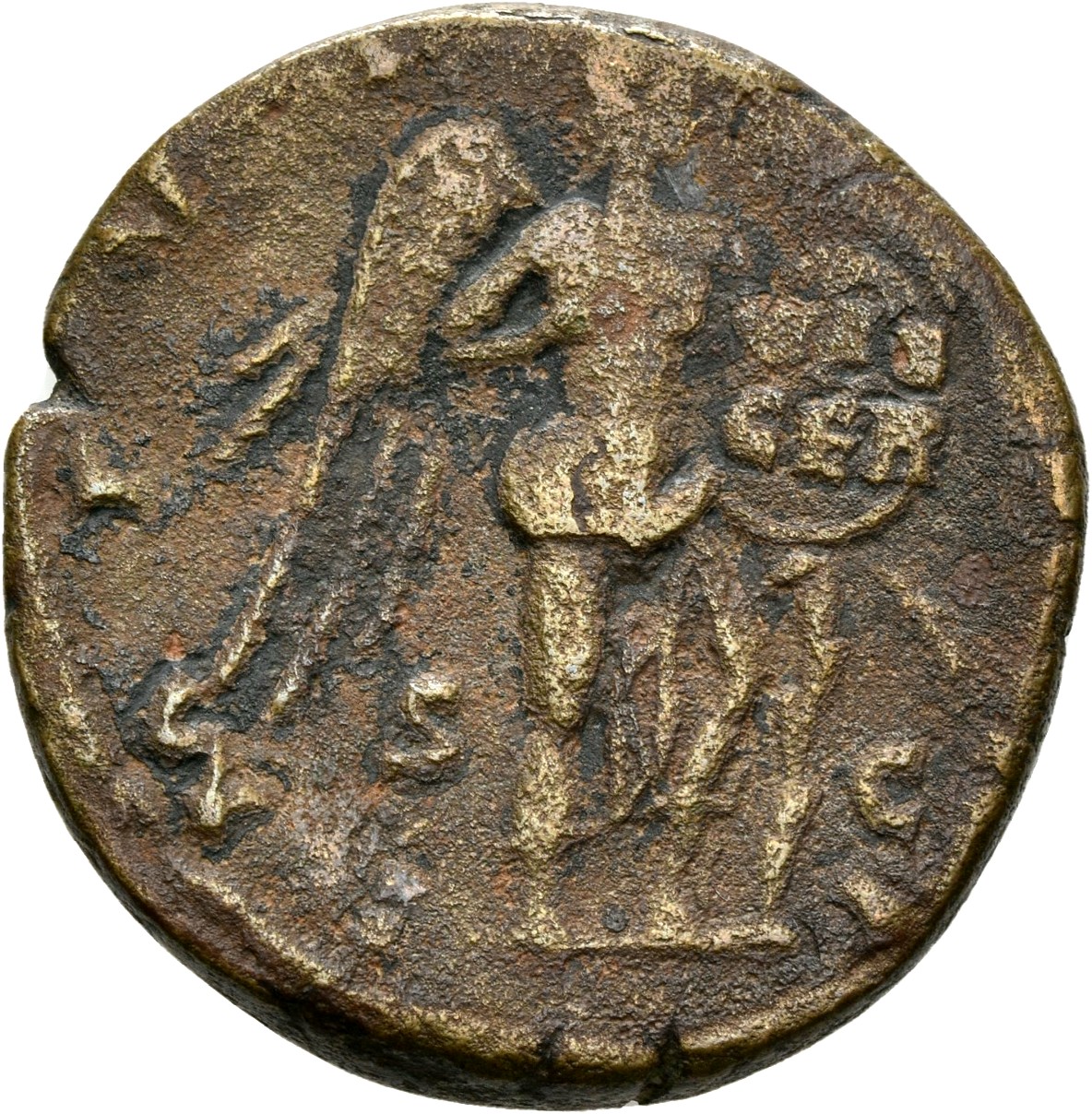 RIC III Marcus Aurelius 1001 Marcus Aurelius reverse, Victory, winged, naked to waist, standing front, head right, setting...