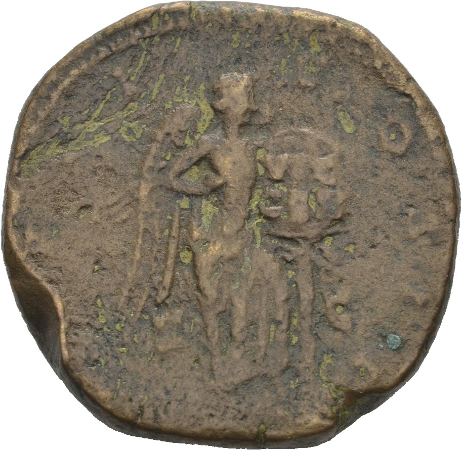 RIC III Marcus Aurelius 1001 Marcus Aurelius reverse — Victory, winged, naked to waist, standing front, head right, settin...