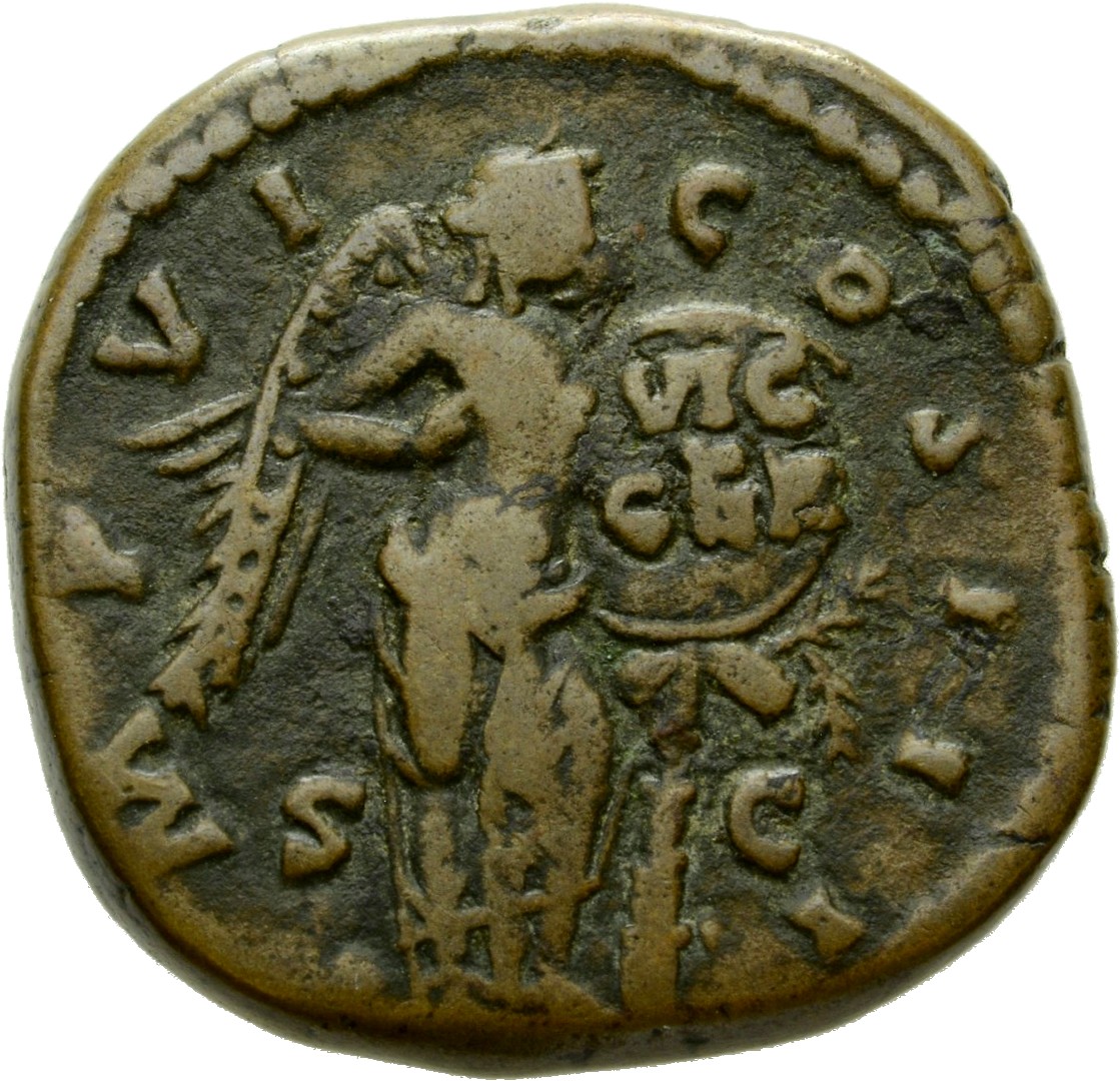 RIC III Marcus Aurelius 1002 Marcus Aurelius reverse, Victory, winged, naked to waist, standing front, head right, setting...