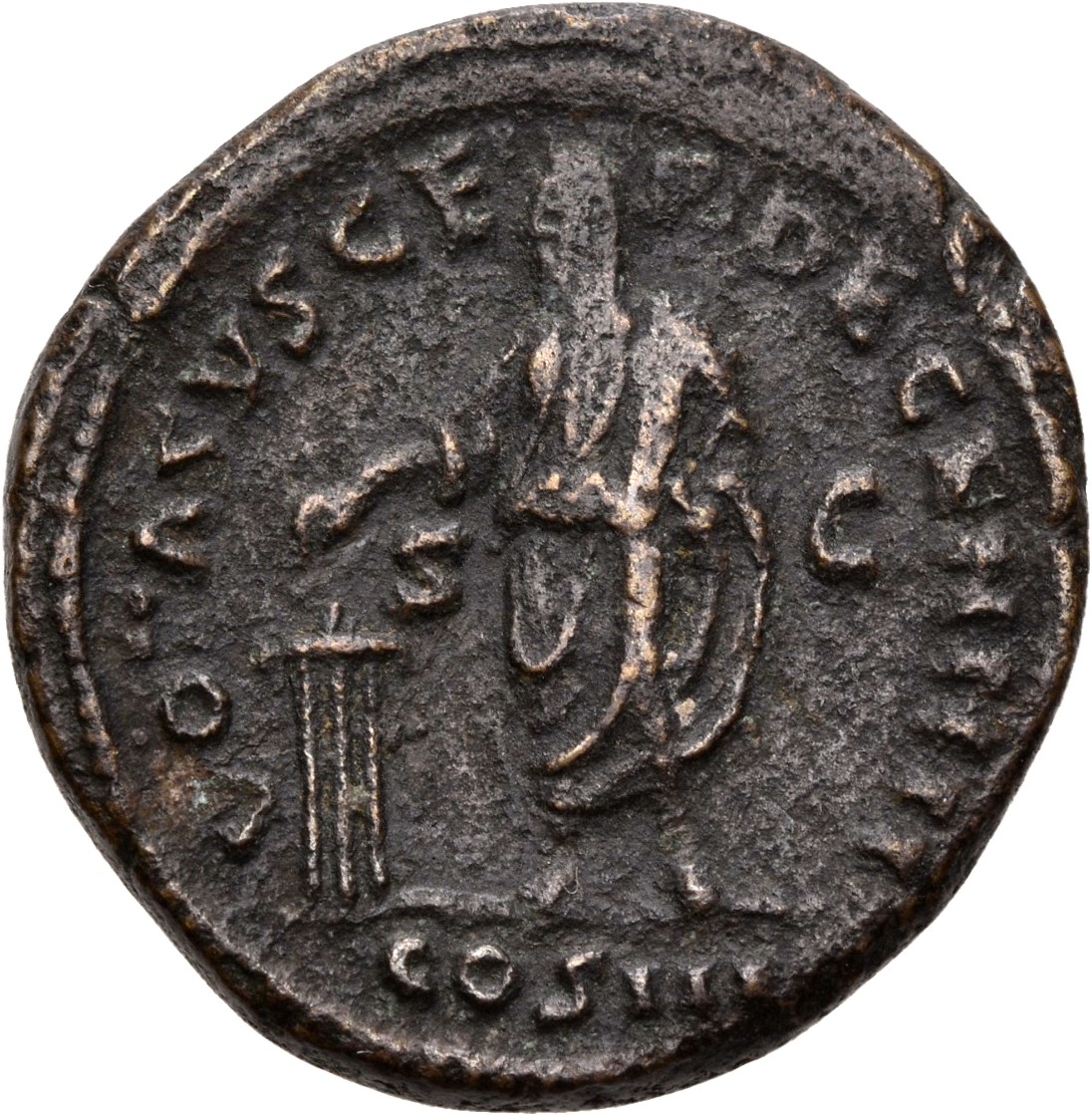 RIC III Marcus Aurelius 1018 Marcus Aurelius reverse, Marcus Aurelius, veiled, togate, standing left, sacrificing out of p...