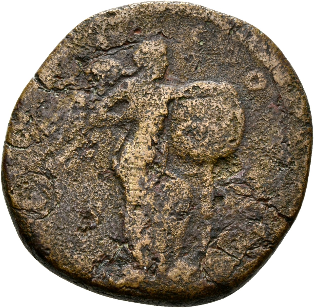 RIC III Marcus Aurelius 1029 Marcus Aurelius reverse — Victory, winged, naked to waist, standing right, placing with left ...
