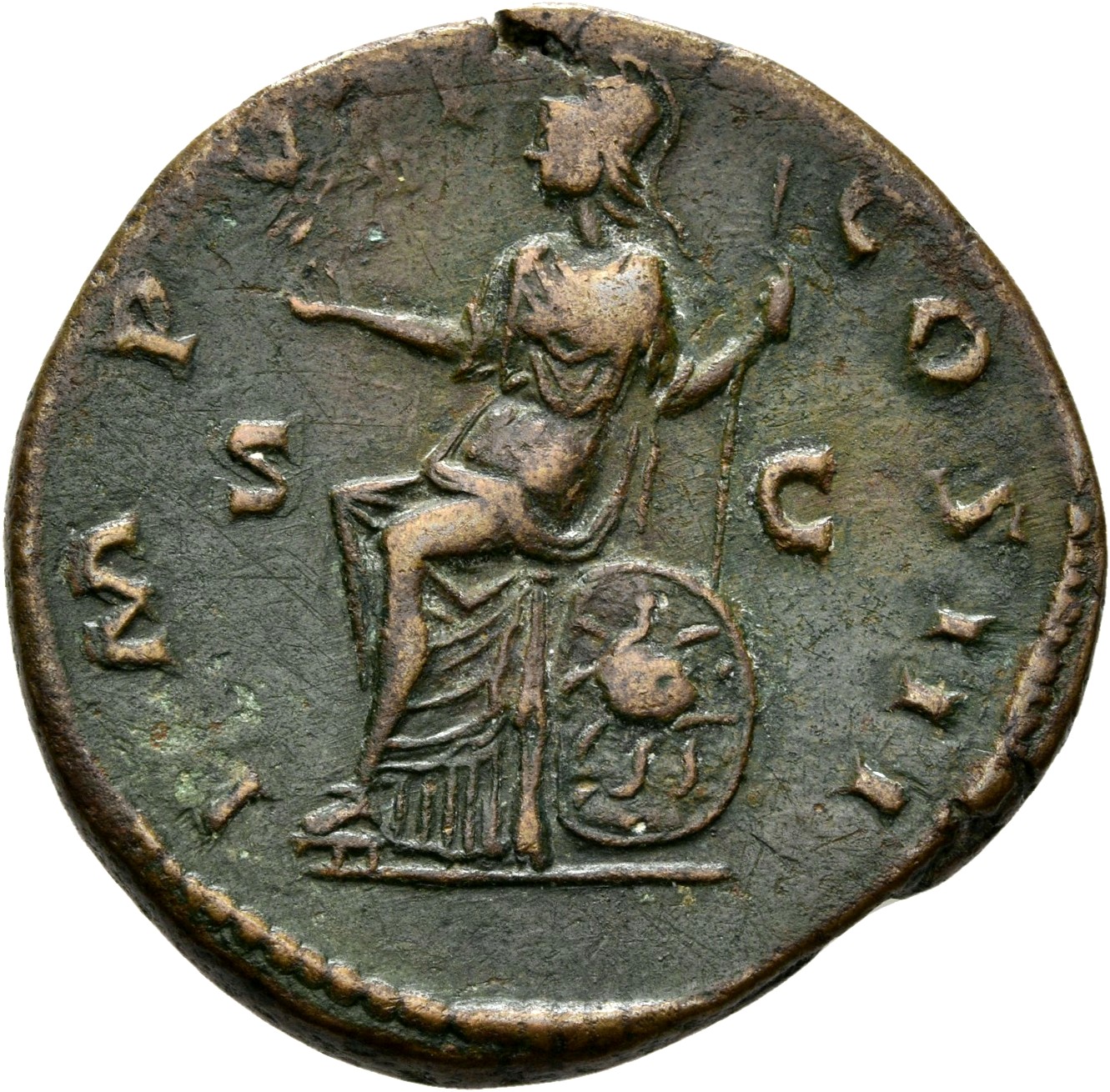 RIC III Marcus Aurelius 1033 Marcus Aurelius reverse — Roma, helmeted, draped, seated left, holding Victory in extended ri...